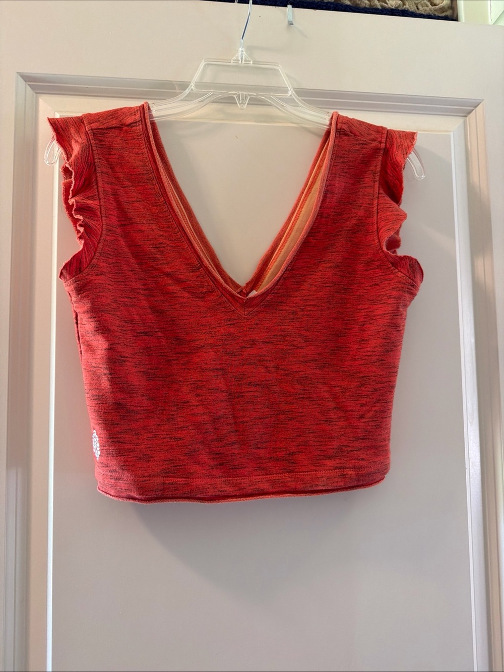 FP Movement Jessie ruffle crop top.  Coral-Red Heathered